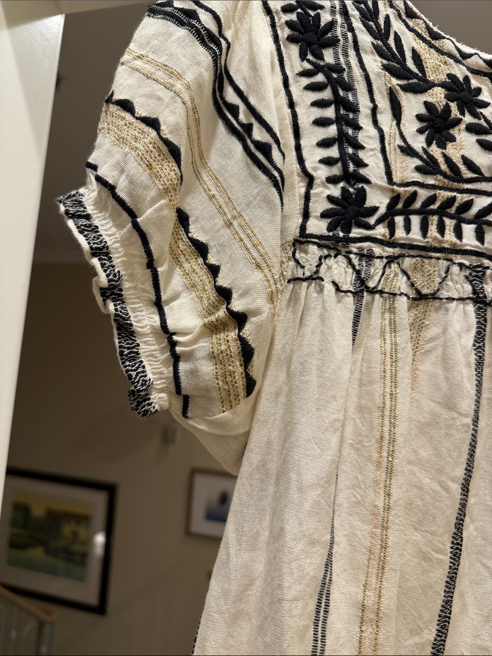 THML embroidered Boho Peasant Top - Cream with Black (bw) - Picture 5 of 8